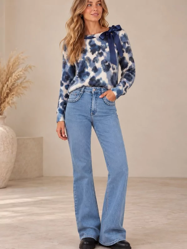 Pull met blauwe print en strikje