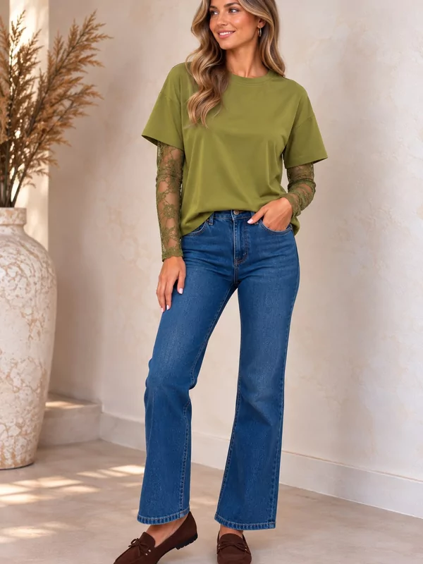 Sweater met kanten mouw in lime