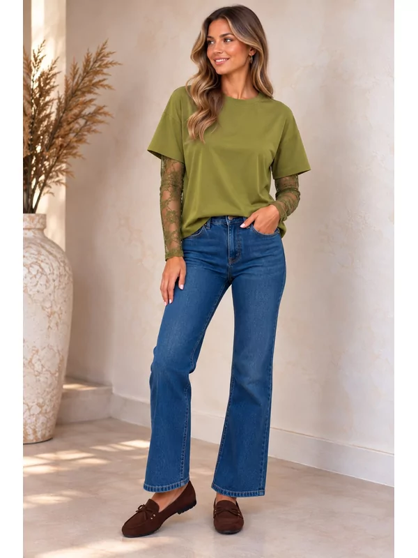 Sweater met kanten mouw in lime