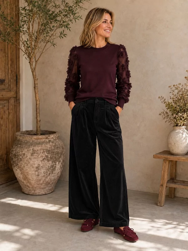 Only broek in velour wide leg svea-nessa in zwart lengte 32