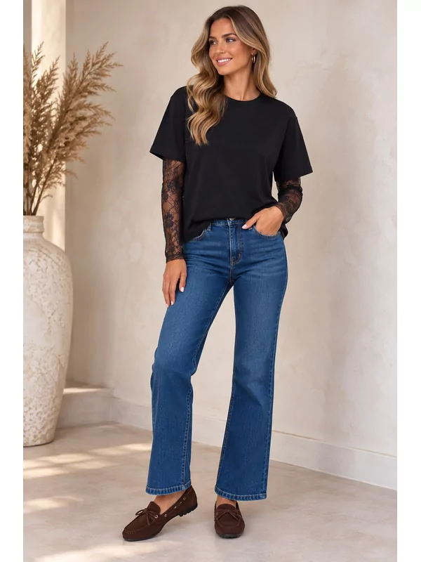 Dunne sweater met kanten mouw in zwart