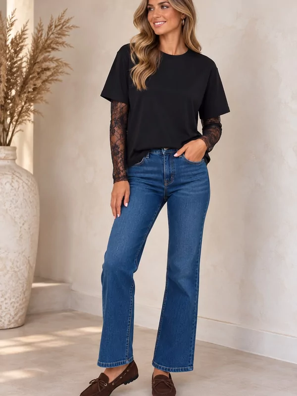 Dunne sweater met kanten mouw in zwart