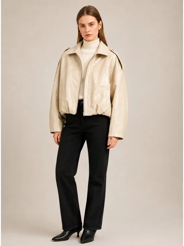 Balloon jas lederlook in beige