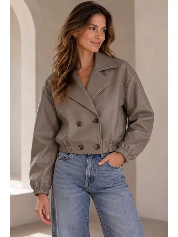 Leder look jas in taupe