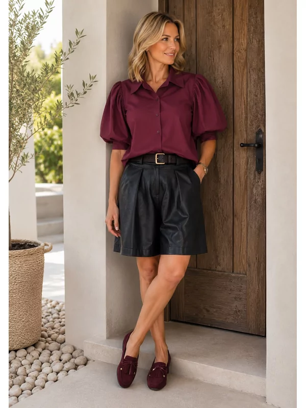 Leder look bermuda in zwart