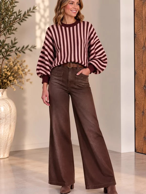 Losse pull gestreept in bordeaux roze