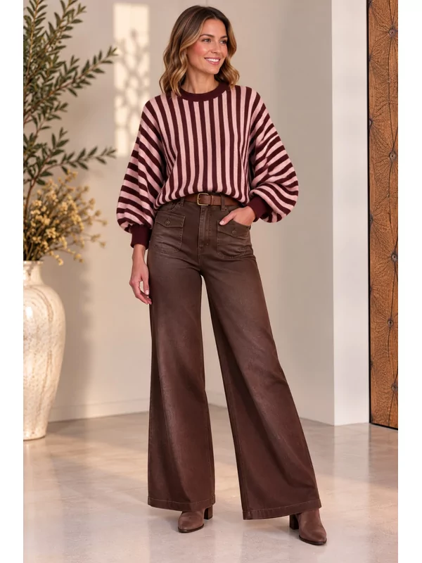 Losse pull gestreept in bordeaux roze