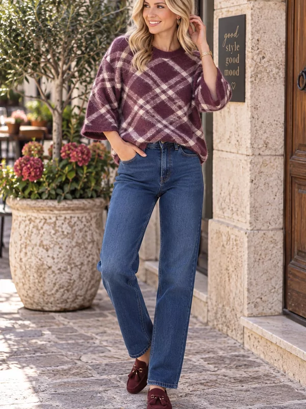 Only pull geruit model Noeme in burgundy