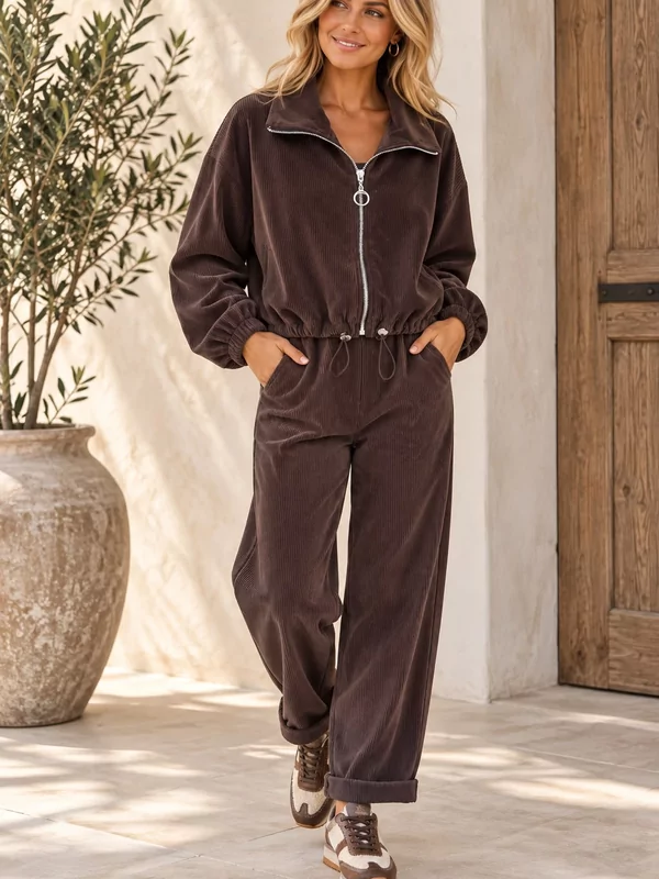 Ribfluweel vest en broek met elastiek in bruin