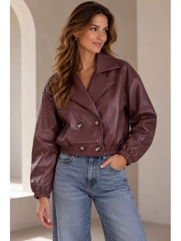 Leder look jas in aubergine