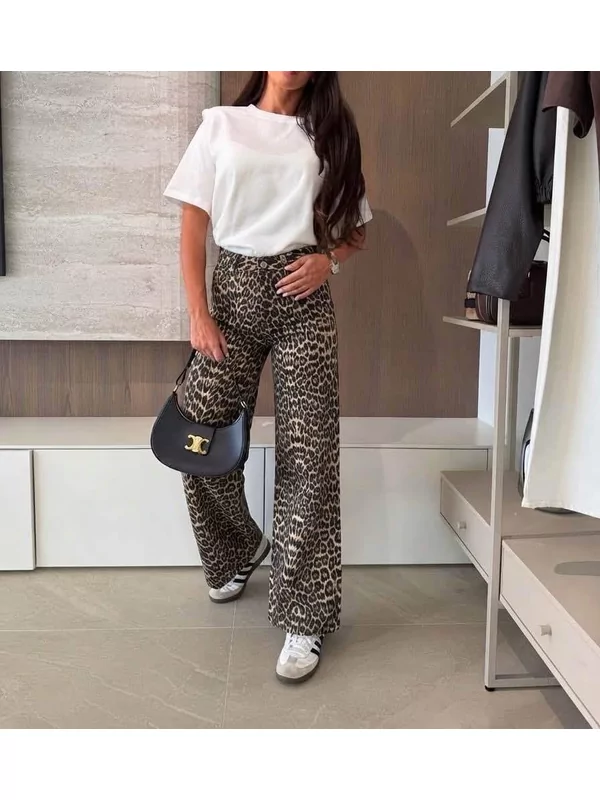 Jeans wide leg in leopard print zwart bruin