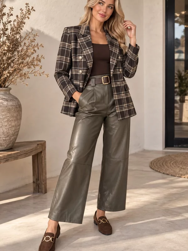 Leder look broek in kaki met gratis riem