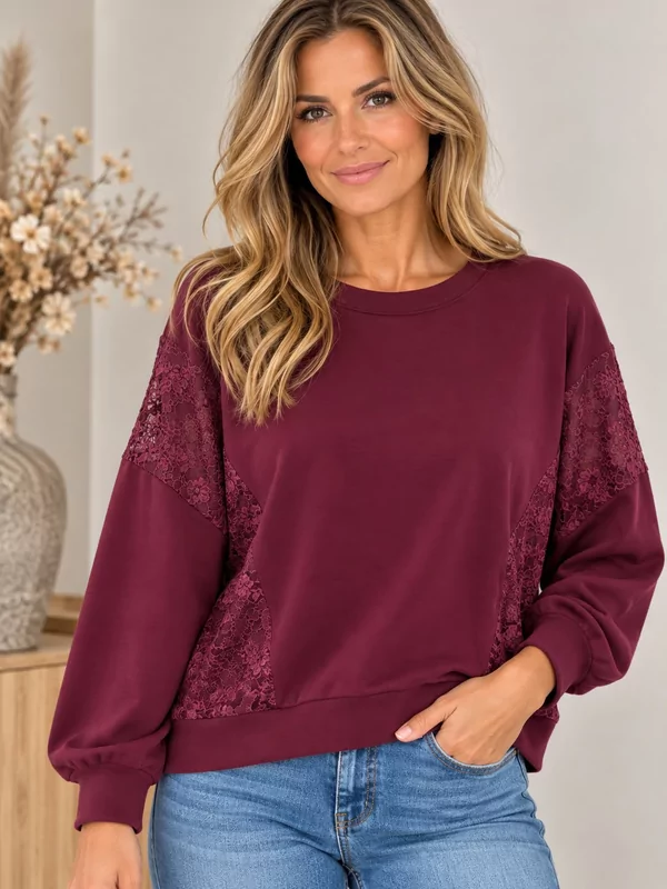 Sweater met kant afwerking in burgundy