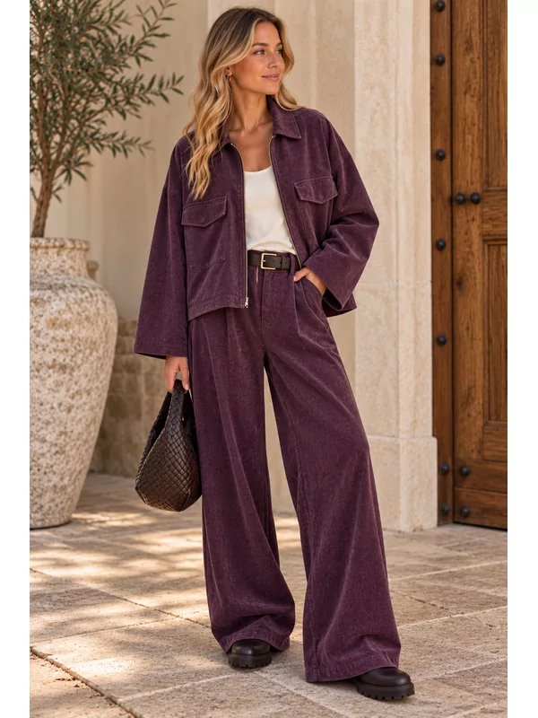 Velour look vest in aubergine