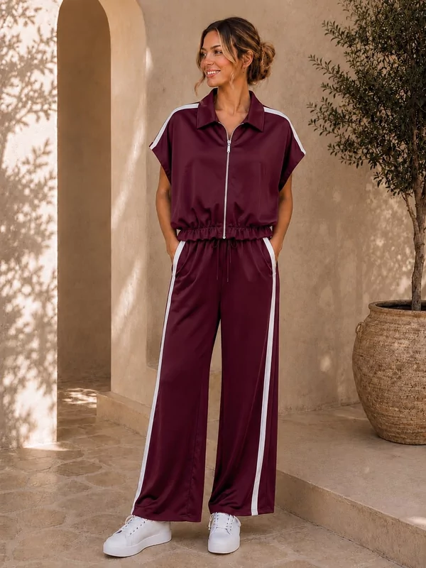 Setje burgundy vest en broek met witte streep