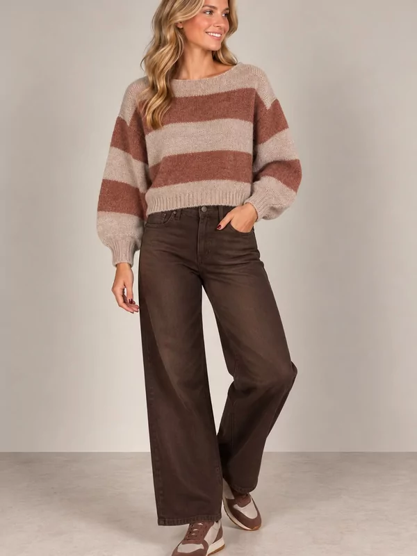 Only pull aya gestreept beige roest