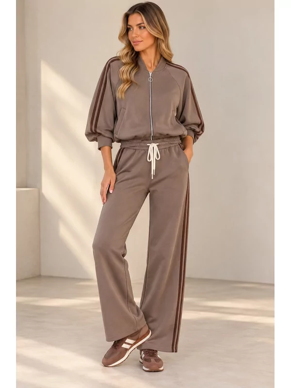 Setje broek met elastiek en vest in taupe