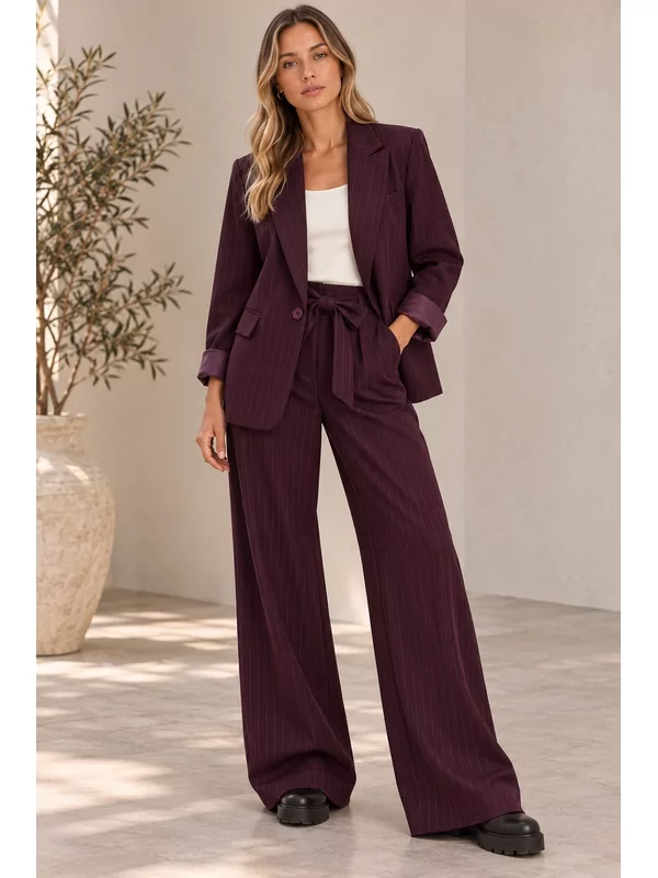 Geklede broek gestreept in aubergine