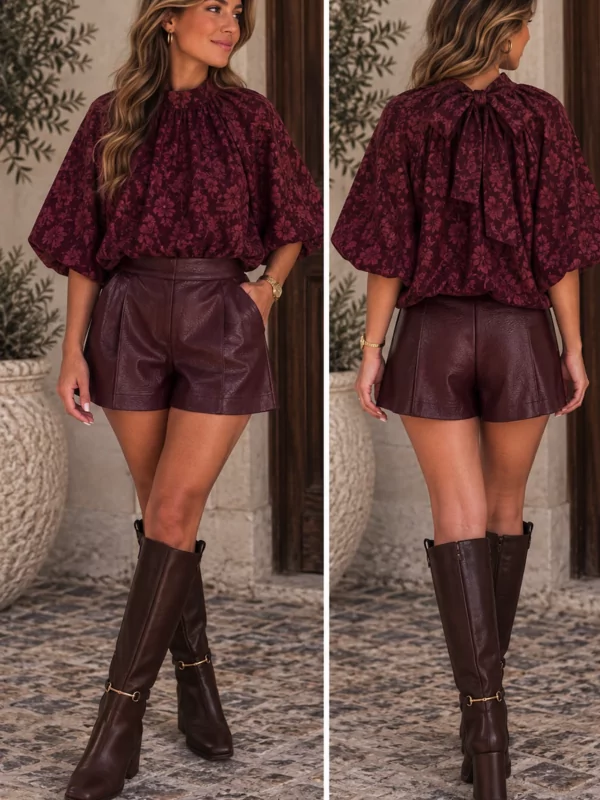Lederlook short in burgundy