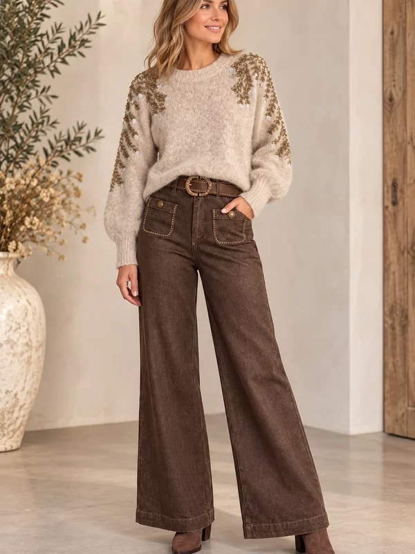 Pull met gouden fantasie in beige