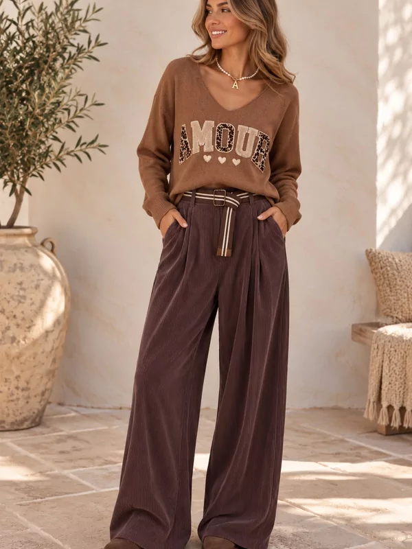Losse velours broek met gratis riem in bruin