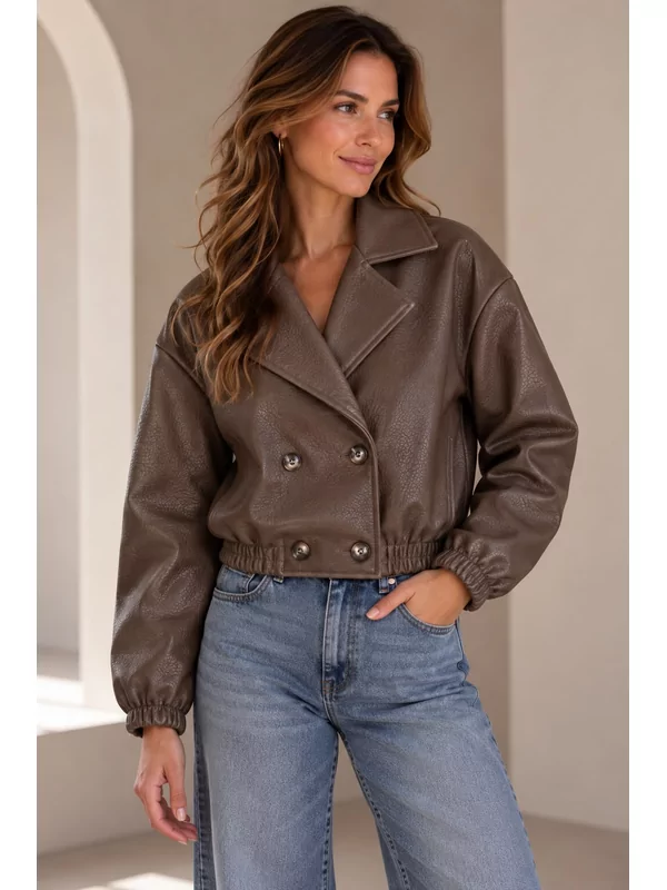 Leder look jas in bruin