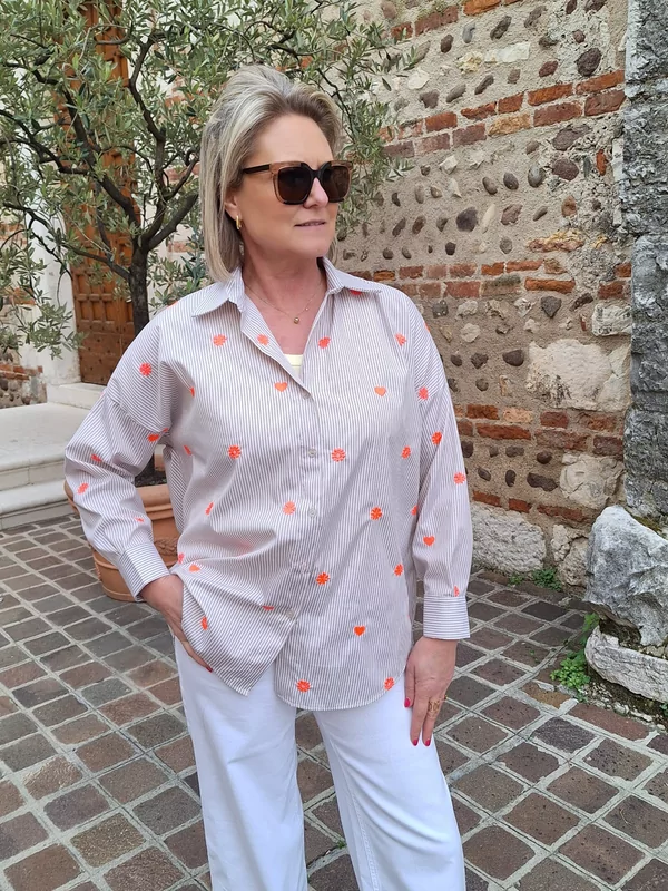 Los hemdje beige streepje en fluo printje