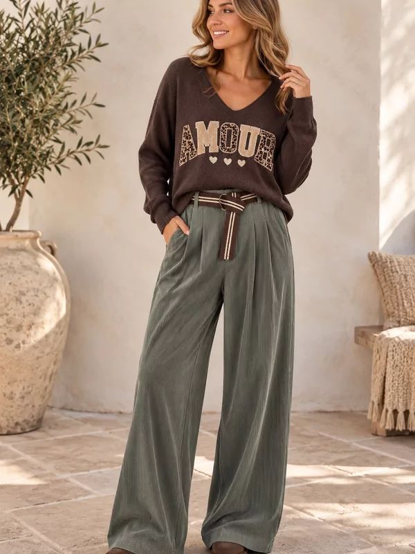 Losse velours broek met gratis riem in kaki
