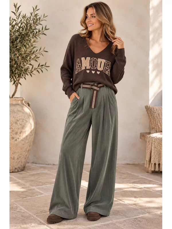 Losse velours broek met gratis riem in kaki