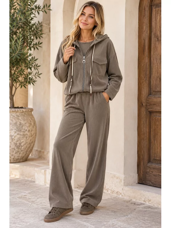 Setje ribfluweel in taupe
