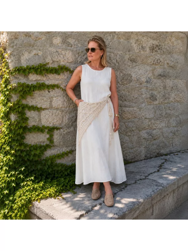 Kleed met kanten sjaal riem in beige