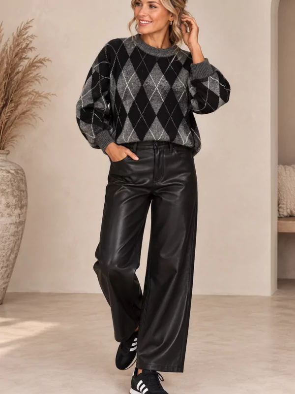Only leder look broek smooth in zwart lengte 32